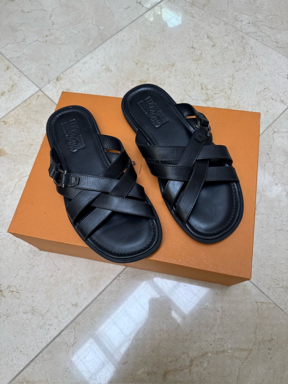 Ferragamo Black Leather Men’s Slide Sandals